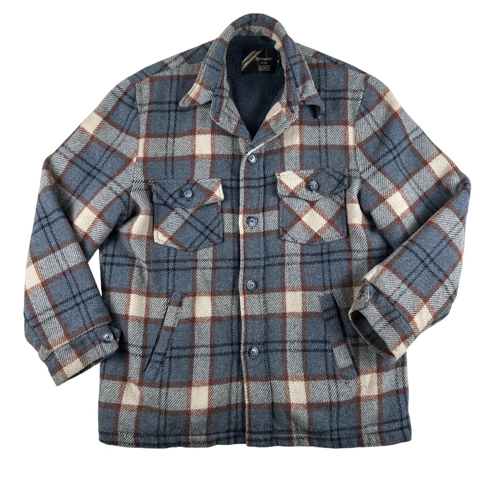 Vintage Sears Jacket Mens Small Wool Plaid Fleece Lined Shacket 80s USA Rancher